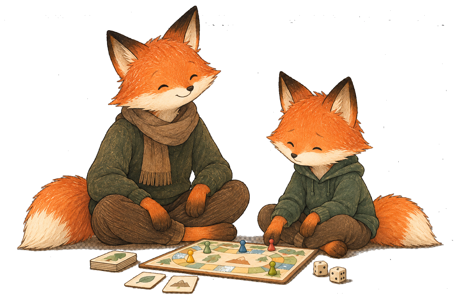 A Fox parent stays close to a disappointed child beside a board game