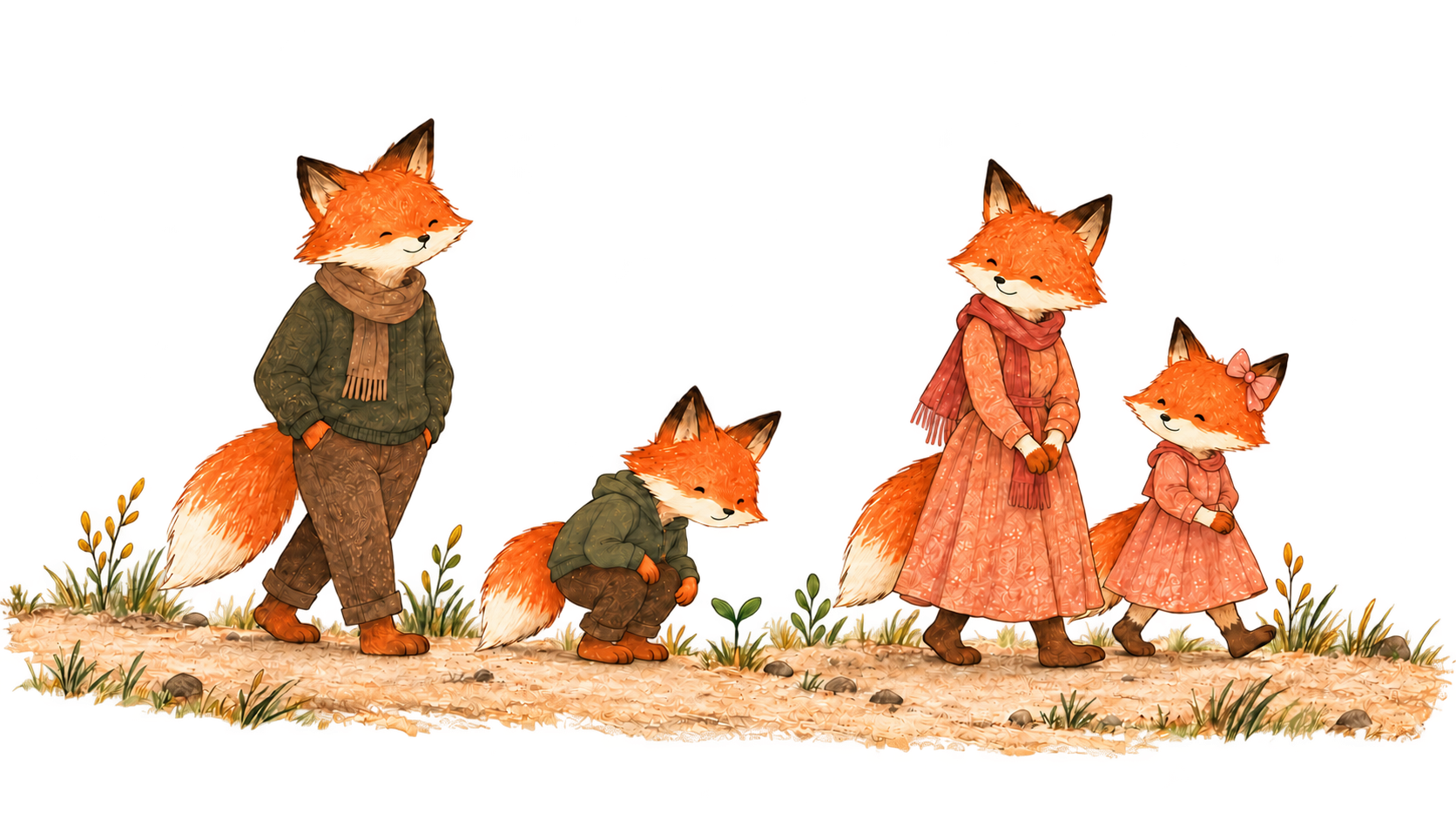 The Fox family pauses together when a child notices a tiny sprout beside the path