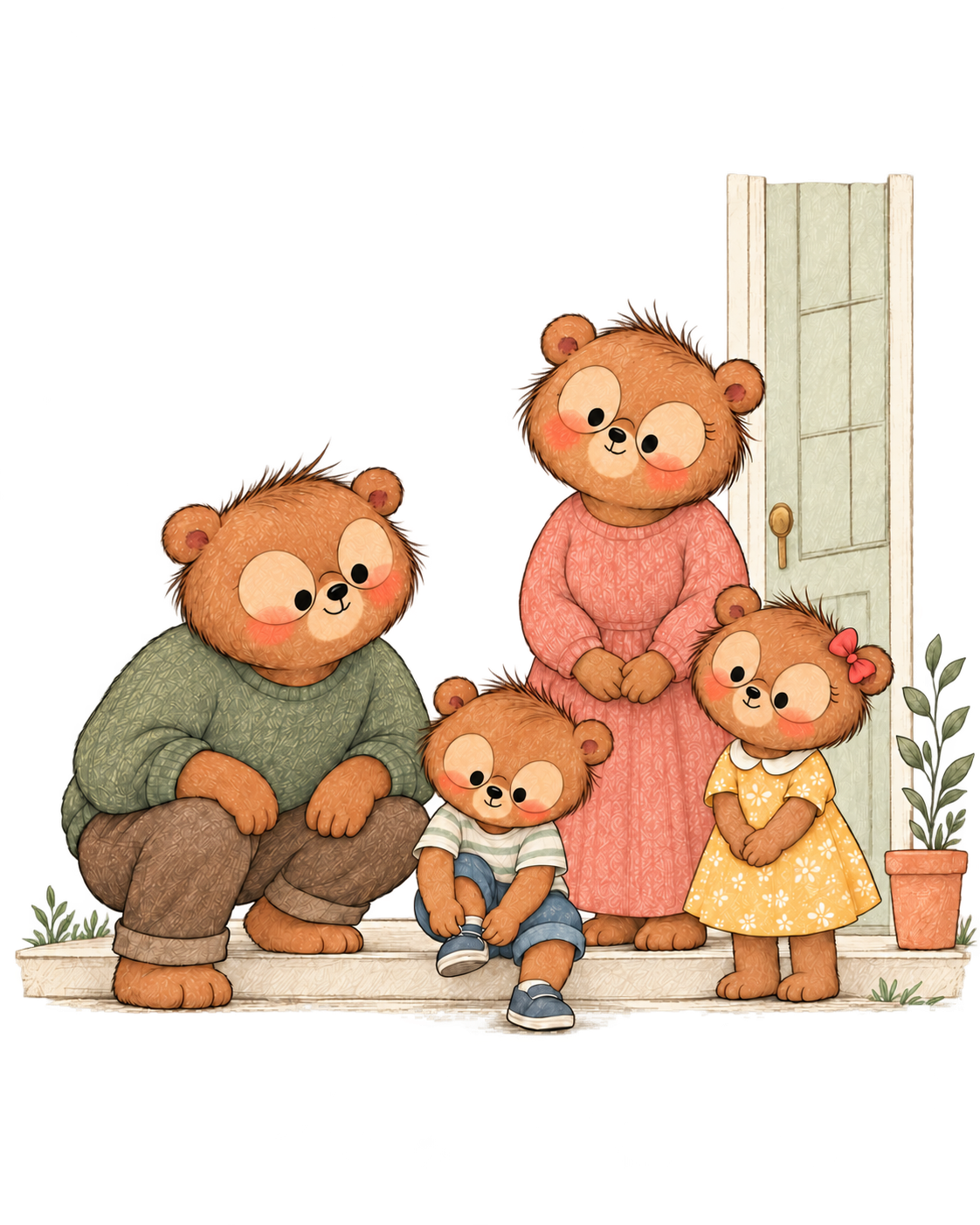 The Bear family pauses together while the young boy fastens his shoe at the front door
