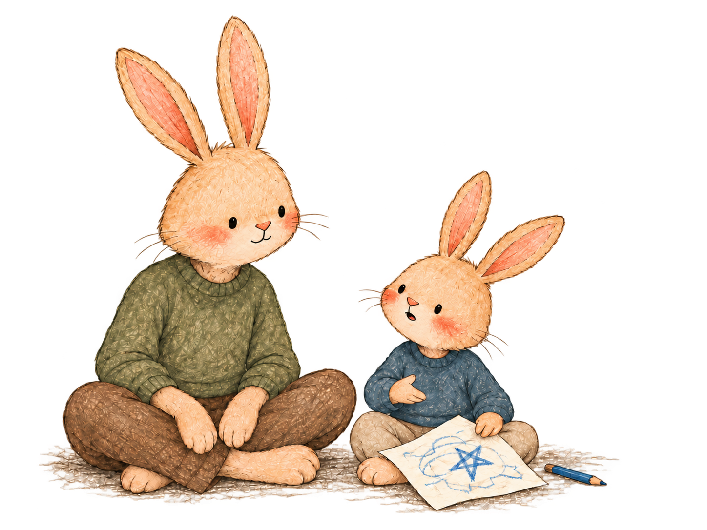 A Rabbit parent listens attentively while a child explains a drawing