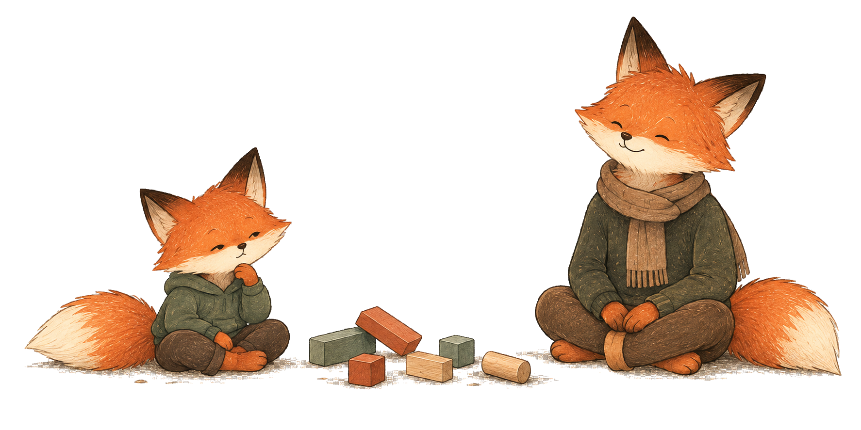 A Fox child tries building with blocks while a parent waits supportively nearby