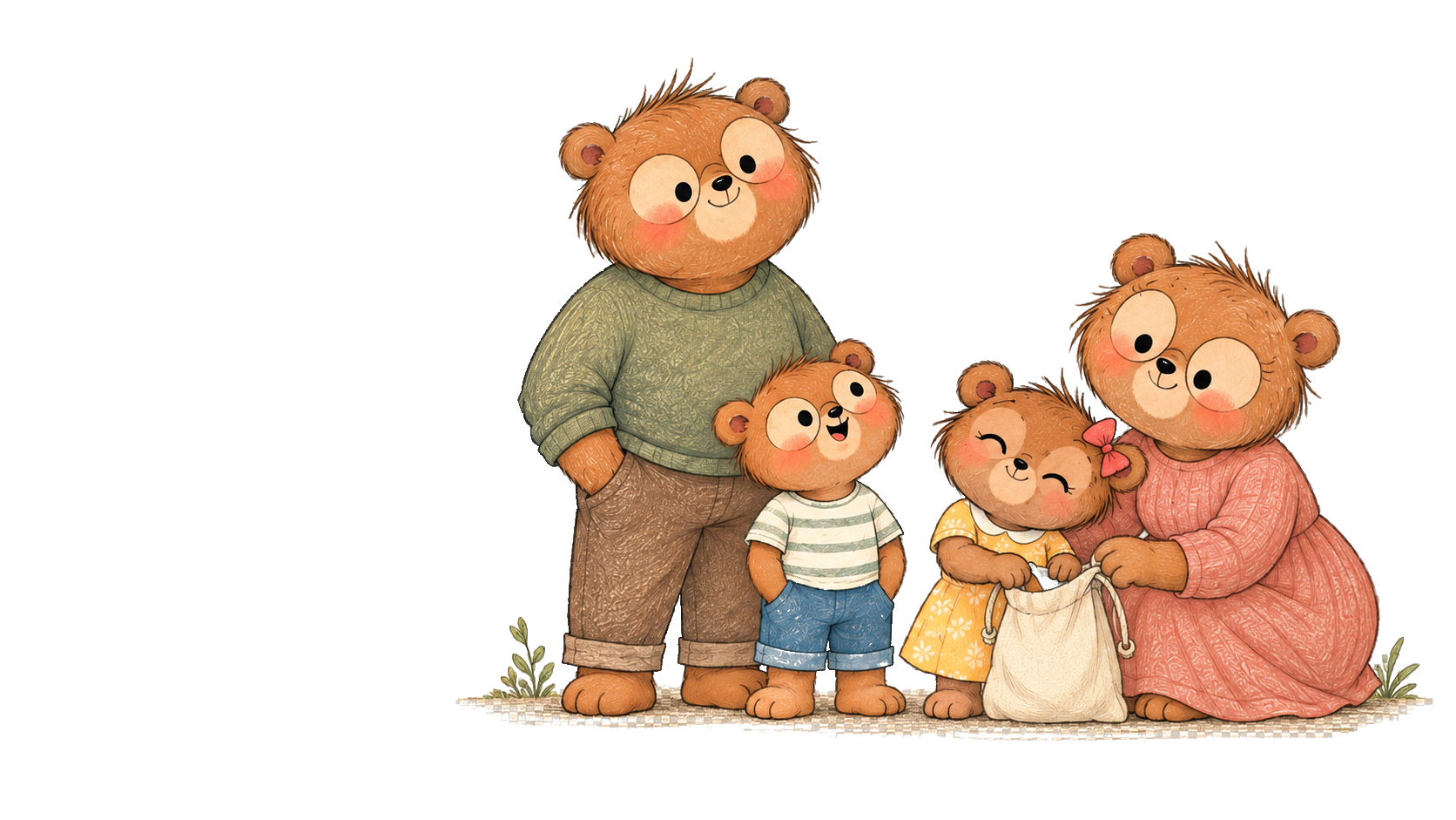 The Bear family prepares a small cloth bag together before heading out