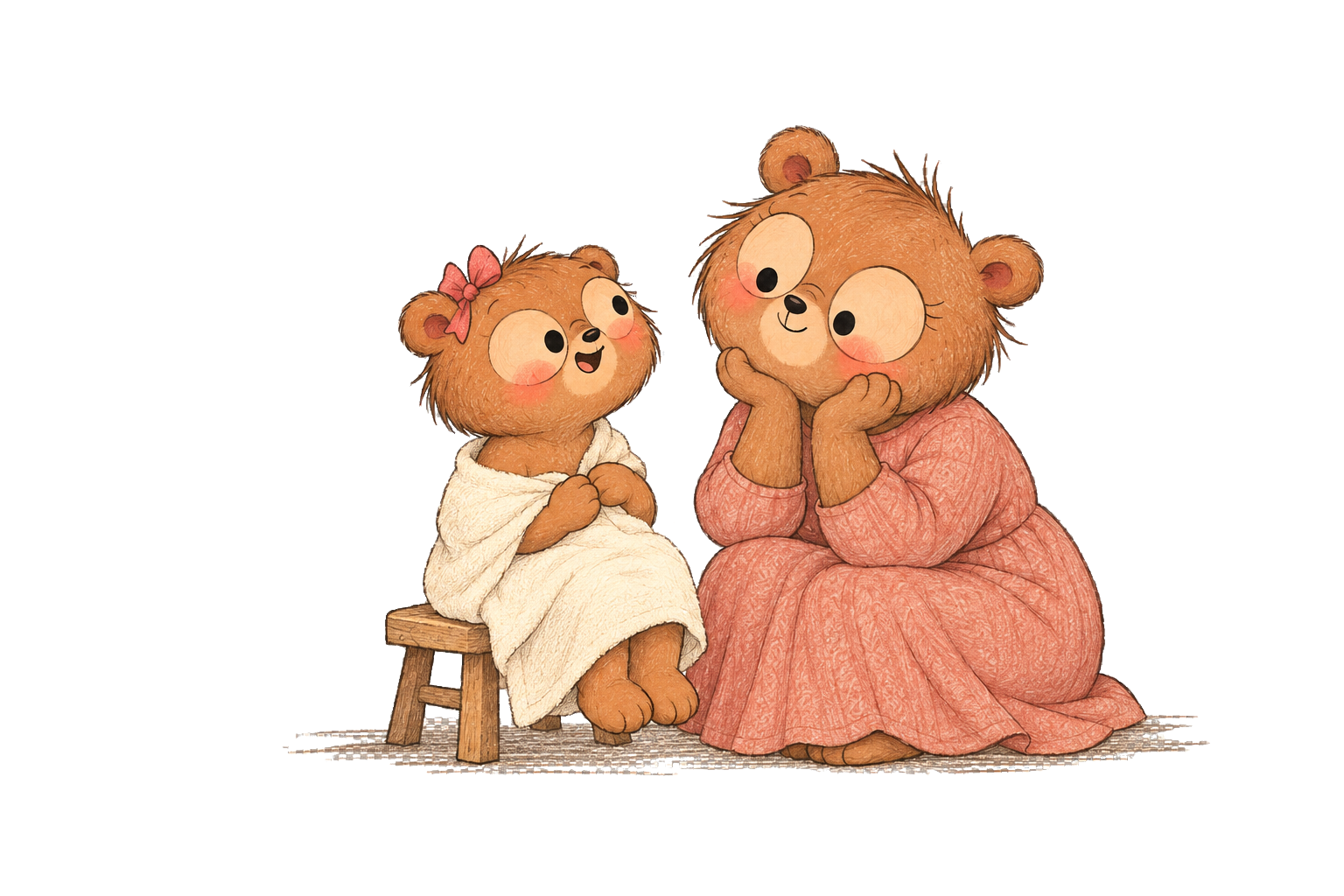 Mama Bear listens closely while Bear Girl sits wrapped comfortably in a plain towel