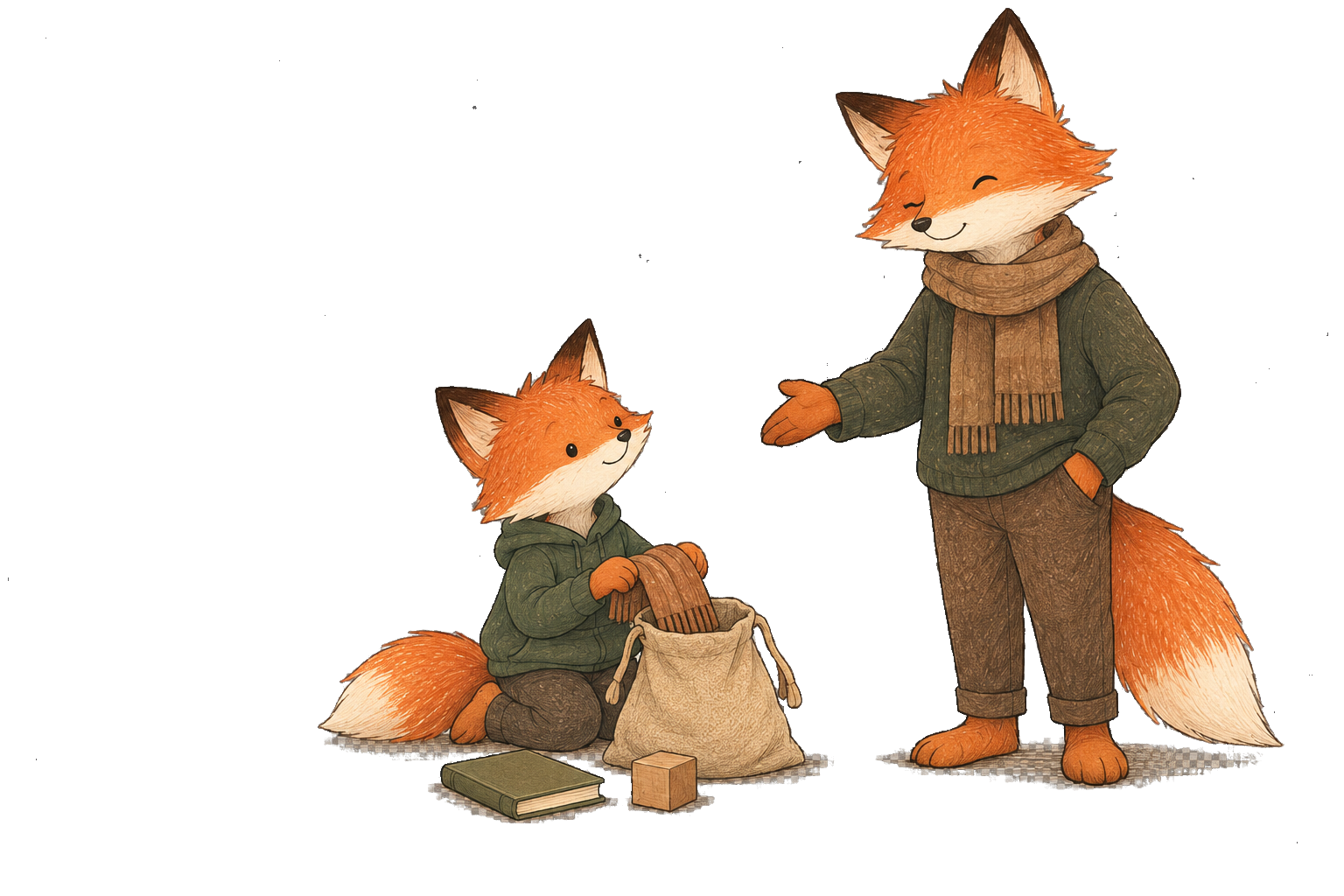 A Fox child packs a bag while a parent offers support without taking over