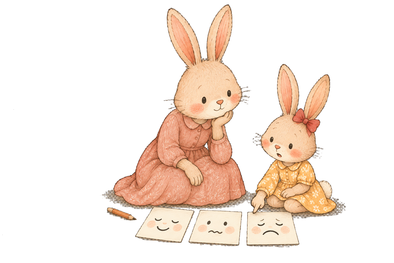 A Rabbit parent and child use illustrated emotion cards to talk about feelings